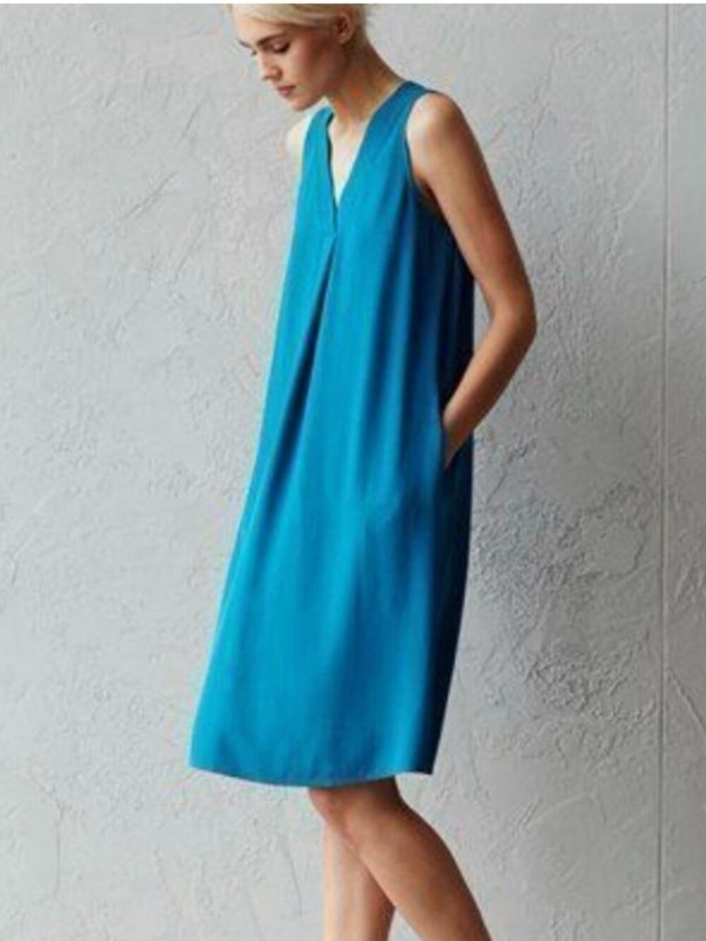 Eileen Fisher Silk Georgette Crepe Pleated Dress Teal Small Pockets Knee Length